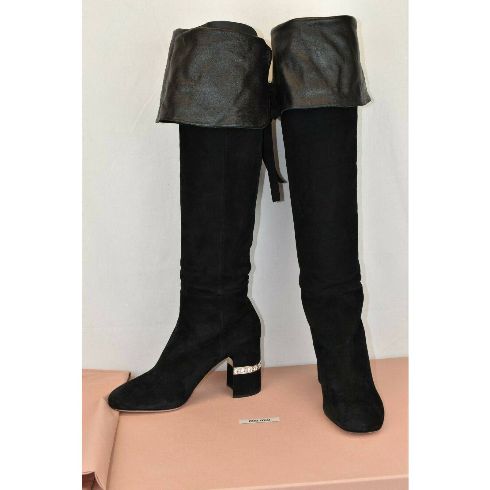 Miu Miu Prada 5w138c Black Suede Crystals Jeweled Over The Knee Heel Boots 39.5